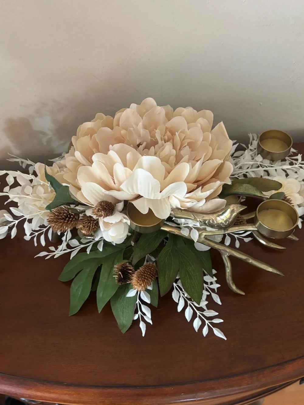 Elegant Wedding Centerpiece Ivory Floral Gold Branch Bird Candle Holder Decor